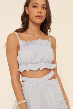 Girl Code Crinkle Cotton Ruffled Crop Cami Top - ShopPromesa Spring Ruffled Cami Crop Top, Summer Ruffle Cami Crop Top, Blue Tank Top With Ruffled Straps, Spring Blue Ruffled Crop Top, Cotton Ruffle Cami Tank Top, Girl Code, Cropped Cami, Periwinkle Blue, Cami Crop Top