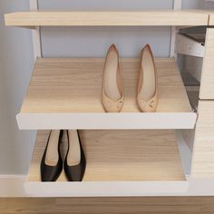 Add off the floor and easily visible shoe storage to your closet with the Angled Wood Shoe Shelf Kit. Quickly installs into existing vertical standards from Origin 21 Closet System Kits. Origin 21 Edda 23.78-in x 7.12-in x 17.08-in Natural Oak Angled Shoe Storage in White | WD2SSA-16-OAK Small Closet Shoe Storage, Shoe Storage Ideas Closet, Vertical Shoe Storage, Shoe Shelf Diy, Wood Closet Organizers, Wood Shoe Storage, Wood Closet, Closet Shoe Storage, Wood Shoe