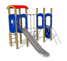 a children's play set with a slide and climbing frame in the center, on an isolated white background