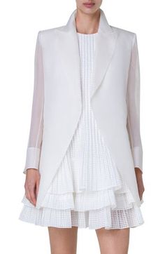 Tailored from filmy silk gauze with the sleeves left sheer, this structured blazer adds exceptional polish to your warm-weather look. Open front Peaked lapels Side flap pockets 100% silk Dry clean Imported Designer Clothing White Silk Blazer For Workwear, White Silk Blazer For Work, Chic Silk Outerwear For Wedding, Chic Silk Wedding Outerwear, Chic Silk Blazer For Wedding, White Silk Blazer For Wedding, White Silk Wedding Blazer, Chic Silk Blazer For Semi-formal Occasions, Chic Semi-formal Silk Blazer