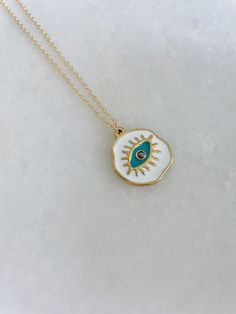 Fun and Colorful Evil Eye Necklace on 14k gold filled chain. Gift box included Evil Eye Necklace, Evil Eye Jewelry, Evil Eye Gift, Layering Necklace Handmade Gold Enamel Necklaces, Round Enamel Necklace With Adjustable Chain, Spiritual White Jewelry For Gifts, Spiritual White Jewelry As A Gift, White 14k Gold Jewelry With Adjustable Chain, Enamel Jewelry With Adjustable Chain, Dainty Enamel Necklace As A Gift, Gold Enamel Necklace With Delicate Chain, White Necklace With Delicate Chain