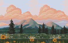 a cross stitch landscape with mountains and flowers in the foreground, and clouds in the background