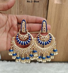 *Light Weighted Gold earrings tikka set. *Earrings length: 3.7 inches  (with drops)  *Width : 2.2 inches Handmade Blue Danglers For Wedding, Blue Handmade Danglers For Festive Occasions, Blue Dangle Danglers For Wedding, Blue Earrings For Celebration Festivals, Blue Earrings For Festivals And Celebrations, Blue Jhumkas For Festivals And Celebrations, Blue Latkan Danglers For Wedding, Blue Latkans Danglers Gift, Blue Danglers With Latkans For Gift