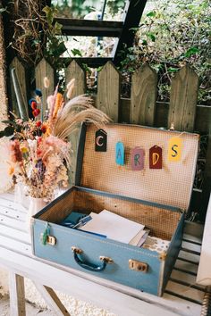 Vintage suitcase for cards with colourful bunting across top Vintage Suitcase For Wedding Cards, Suitcase Cards Wedding, Vintage Suitcase Wedding Cards, Suitcase Wedding Card Holder, Cards Suitcase Wedding, Vintage Wedding Activities, Cute Fall Wedding Ideas, Retro Rustic Wedding, Wedding Ideas Thrifted