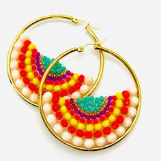 Gorgeous Teals, Purples, Yellows, And Oranges Make These Beaded Statement Earrings A Work Of Art! 2.3 Inches Boho Style Vintage Gold New Gift With Purchase Multicolor Round Beads Earrings With Gold Beads, Summer Hoop Earrings With Colorful Beads, Gold Beaded Hoop Earrings For The Beach, Bohemian Yellow Hoop Earrings, Colorful Beaded Circle Earrings For Summer, Multicolor Beaded Hoop Earrings For Beach, Multicolor Beaded Hoop Earrings For Festivals, Colorful Circle Beaded Earrings For Summer, Colorful Hoop Earrings For Summer