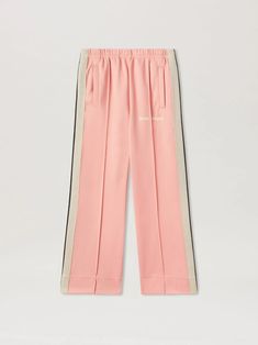 Wide Leg Track Pants in 3003 PINK OFF WHITE - Palm Angels® Official Pa Monogram, Wide Leg Track Pants, Eyewear Kids, Moncler Logo, Leather Heart, Stripe Pants, Detailing Logo, Kids Styles, Swimwear Shorts