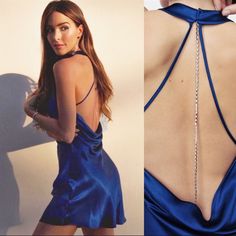 the back of a woman's blue dress is shown in three different photos, one showing