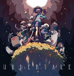 the poster for undertale is shown with an image of people on top of a hill