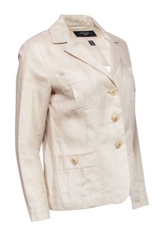 Add a simple yet chic staple to your work wardrobe with this cream Max Mara blazer. You can throw this versatile neutral piece over your favorite workwear separates for a polished look. Pair with your favorite pumps and a tote bag. Size 6 100% linen Buttons down front Single button cuffs Bust 37" Waist 33" Shoulder to hem 23" Sleeve length 22.5" Solid Linen Blazer For Work, Linen Blazer For Work, Linen Blazer For Workwear, Beige Linen Blazer For Work, Beige Linen Blazer For Workwear, Neutral Business Blazer With Button Closure, Neutral Linen Blazer For Work, Cream Business Blazer For Spring, Spring Cream Business Blazer