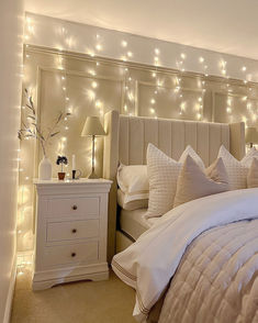 large white painted bedside table Fairy Lights Bedroom, Ottoman Storage Bed, Bedroom Bedside Table, Style Deco, Room Makeover Bedroom, Room Inspiration Bedroom, Aesthetic Bedroom, Dream Bedroom, Bedroom Inspo