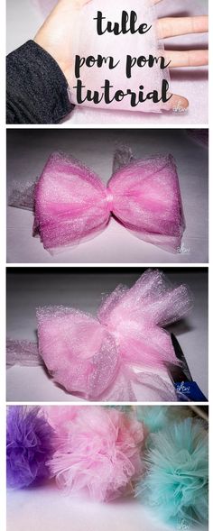 three different types of hair bows with the words tulle pom - pom