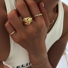 Let your fingers do the talking. Perci's slim signet design, with engraved two-word moods, is a chic and cheeky way to make your feelings known. Worn alone or among your daily ring stack, this reimagined classic plays well with all your jewelry. Choose from 4 ring sizes for your fingers or pinkie. Incorporating a luxury 14 karat gold plating over a solid sterling silver base, this Adorn Luxe ring has a beautiful ‘demi-fine’ jewelry finish. Pinky Ring Gold, Pinky Finger Ring, Jewelry Stack, Middle Finger Ring, Mood Ring, Luxe Jewelry, Jewelry Accessories Ideas, Ring Stack, Knuckle Rings