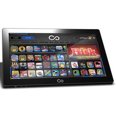 a tablet computer with many apps on the front and back side, all in black