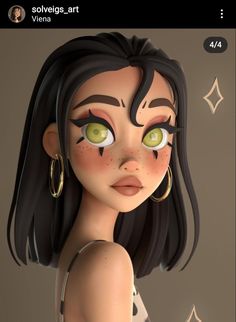 an animated girl with green eyes and black hair, wearing gold hoop earrings on her head