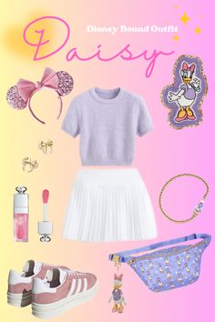 Daisy Duck inspired outfit Marie Disney Outfit, Best Friend Disneybound, Daisy Disneybound, Daisy Duck Outfit, Daisy Duck Disneybound, Daisy Duck Disney Outfit, Daisy Duck Outfit Disney Inspired, Disneybound Outfits Daisy Duck, Disney Family Outfits