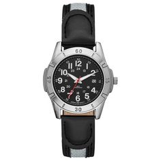 The George Men's analog watch boasts a black easy-read dial and a gunmetal case, accompanied by a mixed-material black smooth vegan leather and canvas inlaid strap. Ideal for your leisurely moments, this watch seamlessly blends style and functionality. With its modern design and versatile materials, it's the perfect accessory to complement your casual downtime, offering both a contemporary look and comfortable wear for any laid-back occasion. Size: one size.  Gender: male.  Age Group: adult. Casual Black Watches With Subdials, Casual Black Watch Accessories With Round Dial, Classic Black Stainless Steel Watch Accessories, Classic Durable Watches, Black Casual Watch Accessories, Black Analog Watch With Adjustable Fit, Adjustable Black Analog Watch, Casual Black Watch With Metal Dial, Casual Black Chronograph Watch Accessories