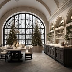 a dining room with large windows and christmas trees in the window sill, surrounded by white chairs