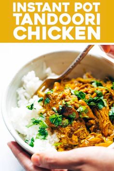 instant pot tandoori chicken in a bowl with white rice and cilantro