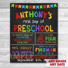 the first day of school chalkboard sign is shown