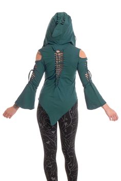 "A fab pixie top made with stretch cotton, with a cute pixie hood. Features braided back and cute, pointy pixie sleeves, which have an open shoulder. A comfy to wear, original and unusual top great for festivals and parties.   SIZES  SMALL: Bust = 32-34\" (81-86 cm) Waist = 30-32\" (76-81 cm) Length = 28\" (71 cm) MEDIUM: Bust = 34-36\" (86-91.5 cm) Waist = 32-34\" (81-86 cm) Length = 29\" (73.5 cm) LARGE: Bust = 36-38\" (91.5-96.5 cm) Waist = 34-36\" (86-91.5 cm) Length = 30\" (76 cm) XL: Bust Gothic Stretch Cotton Tops, Cotton Top For Fall Cosplay, Cotton Tops For Fall Cosplay, Gothic Cotton Tops For Spring, Long Sleeve Cotton Top For Cosplay, Fitted Fairy Grunge Tops For Festivals, Fairy Grunge Fitted Festival Tops, Fairy Grunge Cotton Tops For Fall, Fitted Fairy Grunge Green Top