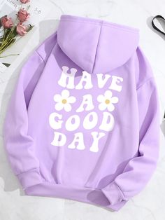 Plus Size Floral & Slogan Graphic Kangaroo Pocket Drawstring Thermal Hoodie Sweatshirts HAVE A GOOD DAY, For Winter Lilac Purple Casual  Long Sleeve Knitted Fabric Floral,Slogan Pullovers Slight Stretch  Women Plus Clothing, size features are:Bust: ,Length: ,Sleeve Length: Adrette Outfits, Oversized Aesthetic, Womens Oversized Hoodie, Aesthetic Hoodie, Purple Hoodie, Lined Hoodie, Cute Preppy Outfits, Cute Sweatshirts, Have A Good Day