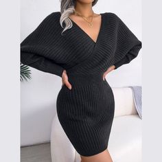 When you need to stay warm yet cute and stylish, slip into Tilly. The lightweight knitted ribbed pattern shapes this into a faux wrap bodice with batwing sleeves. The figure-hugging fit shapes this into a mini bodycon skirt. Styling Tips:Pair it with minimal accessories and sleek pointy-toe pumps. Colors: Black, Blue, Green, Purple, White Sleeve Length: Batwing Sleeve Neckline: V-neck Material: Polyester, Cotton Fabric Type: Knitted Imported Update: This product is in high demand so you may expe Woolen Dresses, Winter Wrap, Bodycon Sweater, Bodycon Sweater Dress, Dolman Sleeve Sweater, Pencil Skirt Dress, Knitted Bodycon Dress, Mini Sweater Dress, Sweater Dress Women