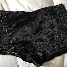 Black Velvet With Silver Jewel Pattern. Never Worn From Urban Outfitters! Urban Outfitters Black Bottoms For Night Out, Urban Outfitters Black Short Length Bottoms, Urban Outfitters Black Shorts, Casual Party Bottoms From Urban Outfitters, Urban Outfitters Casual Party Bottoms, Urban Outfitters Casual Bottoms For Night Out, Casual Urban Outfitters Bottoms For Night Out, Urban Outfitters Shorts, Velvet Shorts