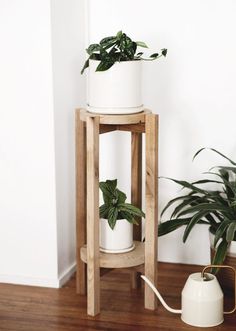 a white potted plant sitting on top of a wooden stand next to a green plant