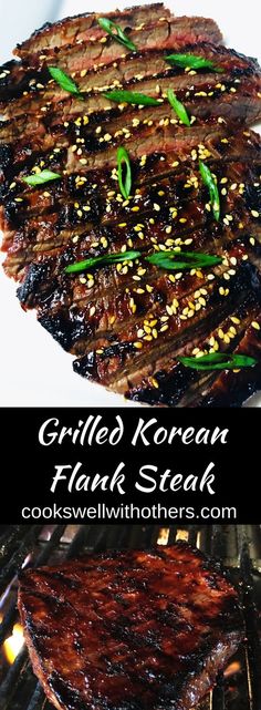 grilled korean flank steak on the grill with sesame seeds and green onions in it