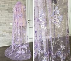 two pictures of purple sheer curtains with flowers on them