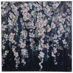 an abstract painting with white flowers on a black background