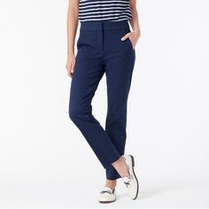 J. Crew Women's Blue Remi Pant In Bi-Stretch Cotton 00 New, In Perfect Condition No Tags Blue Trousers, Rayon Pants, Jcrew Women, Stretch Chinos, Wool Trousers, Black Trousers, Twill Pants, People Shopping, Pleated Shorts