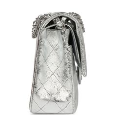 This Medium Classic Double Flap Bag is in metallic silver aged calfskin leather with silver tone hardware featuring, signature diamond quilt, front flap with CC turnlock closure, half moon back pocket and an adjustable interwoven silver tone chain link and metallic silver leather shoulder/crossbody strap.The interior is lined in metallic silver leather with the "love letter" zipper compartment underneath the first flap, an "outer" slit pocket under the second flap, and an interior compartment wi Chanel Box, Louis Vuitton Shop, Silver Age, Birkin 25, Diamond Quilt, Flap Bag, Half Moon, Crossbody Strap, Silver Hardware