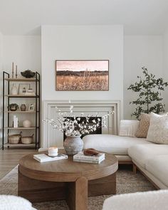 a living room filled with furniture and a fire place in front of a white wall