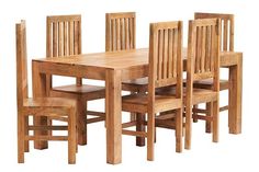 a wooden table with six chairs and one chair on the other side, in front of a white background