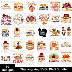 thanksgiving stickers with turkeys, pumpkins and other things to say on them