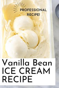 vanilla bean ice cream recipe in a container with the words professional recipe above it and below