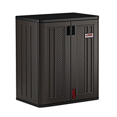 a large black storage cabinet with red handles