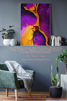 This pin shows modern colorful marble illustration. Alcohol ink. Pink, purple, orange, violet and black colors with gold veins This colorful painting is suitable as a gift for all lovers of abstract art and modern design. Marble Illustration, Interesting Homes, Gold Veins, Colorful Marble, Illustration Colorful, Modern Illustration, Color Illustration, Redbubble Art