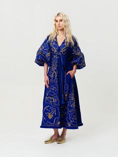 Luxurious Black/Orange Lilies Women's Maxi Caftan Yuliya Magdych Yuliya Magdych, Luxury Embroidered Blue Kimono, Traditional Luxury Floor-length Kimono, The Secret Of Life, Long Silk Embroidered Kimono, Luxury Bohemian Floor-length Kimono, Secret Of Life, Orange Lilies, Elegant Long-sleeved Kimono With Floral Embroidery