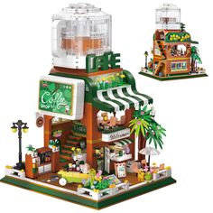 a lego coffee shop is shown with the front and back sides showing it's green roof