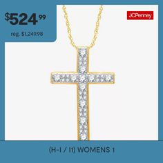 Features: Religious JewelryDiamond Clarity: I1Jewelry Closure: Spring Ring ClaspSetting: ProngShape: CrossStone Cut: RoundDiamond Color: H-IMetal Color: YellowChain Length: 18 InchRounded Carat Weight: 1 Ct. T.w.Chain Construction: BoxCare: Wipe CleanStone Type: 35 Lab Grown DiamondAuthenticity: Lab Grown DiamondBirthstone: April BirthstoneMetal: 14k Gold Over SilverNecklace Type: Pendant NecklacesCountry of Origin: Imported Diamond Cut Necklaces For Mother's Day, Yellow Gold Hallmarked Jewelry, Hallmarked Yellow Gold Jewelry, White Jewelry With Hallmark, Stamped 14k Anniversary Necklace, Stamped 14k Necklaces For Anniversary, Silver Cross Pendant, Cross Pendant Necklace, Silver Cross