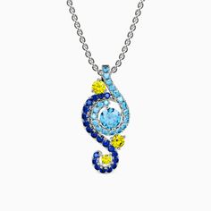 This necklace is brought to you in a stunning display of style and craftsmanship. A combination of light blue, midnight blue, and yellow gold stones, the necklace is a premium miniature version of Van Gogh's timeless Starry Night painting. This piece of work reminds us to trust our dreams and not believe the critics of the world. "There is always hope, even in the darkest of times." So trust your dream and let this alluring jewelry make a statement.Carat Weight: 0.382 ctStone Size: 1.4,2.2,3,0.9 Blue Pendant Jewelry With Accent Stones, Dazzling Blue Necklace For Anniversary, Blue Sterling Silver Fusion Necklace, Blue Sapphire Necklaces With Sparkling Stones, Blue Necklaces With Sparkling Stones For Anniversary, Dazzling Blue Sapphire Necklace, Blue Sapphire Necklace With Sparkling Stones, Celestial Blue Pendant Necklace, Blue Gemstone Celestial Necklace