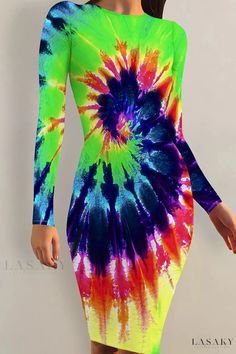 Lasaky - Classy Long Sleeve Bodycon Wrap Dress Long Sleeve Rainbow Dresses For Summer, Rainbow Long Sleeve Summer Dress, Long Sleeve Rainbow Summer Dress, Fitted Long Sleeve Tie Dye Dress, Multicolor Bodycon Dress For Fall Party, Green Long Sleeve Bodycon Summer Dress, Multicolor Casual Bodycon Dress For Party, Multicolor Stretch Bodycon Dress For Fall, Casual Multicolor Bodycon Dress For Party