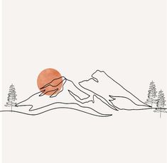 a drawing of mountains with trees and an orange sun