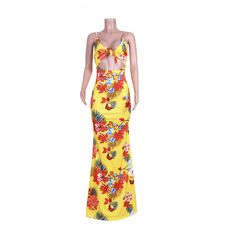 Boho Beach Floral Print Cut Out Floor Length Dresses Multicolor Tropical Print Floral Dress For Vacation, Maxi Length Vacation Party Dress, Maxi Length Vacation Dress For Party, Vacation Maxi Length Party Dress, Tropical Floral Print Vacation Dresses, Vacation Party Maxi Dress, Tropical Style Maxi Dress For Beach Season Party, Yellow Floral Print Vacation Dress, Bohemian Party Dress For Vacation