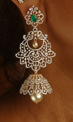 18 Karat Gold '4 in 1' Detachable Diamond Jhumkas - Diamond Dangle Earrings with Color Stones & South Sea Pearls
  Width of the Jhumka : 1.05 inches
  This product has Inter Changeable Stones in the Earrings
  
  Note: Only the front side has Diamonds as shown in the picture, the back part of the Jhumka which is not visible from the front is only Gold without Diamonds

Introducing our exquisite 18 Karat Gold '4 in 1' Detachable Diamond Jhumkas! These stunning diamond dangle earrings are the epit Diamond Jhumkas Bridal, Diamond Earrings Jhumkas, Diamond Earrings Indian Weddings, Diamond Jumkas Design Indian, Jhumka Designs Diamonds, Chandbali Earrings Diamonds, Diamond Buttalu Indian, Detachable Diamond Earrings, Luxury Temple Jewelry Dangle Earrings