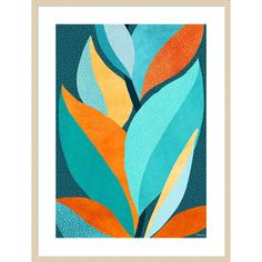 an abstract painting with blue, orange and green leaves