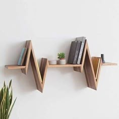 two wooden shelves with books on them against a white wall next to a potted plant