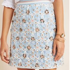 Nwt Maeve Persephone Beaded Mini Skirt From Anthropologie Absolutely Beautiful Skirt! No Flaws Just Too Big For Me Spring Floral Embroidered Mini Skirt For Party, Summer Embellished Blue Skirt, Summer Blue Embellished Skirt, Embellished Blue Skirt For Summer, Embellished Mini Skirt For Spring, Spring Beaded Fitted Skirt, Fitted Beaded Skirt For Spring, Feminine Blue Lined Skirt, Spring Embellished Mini Skirt